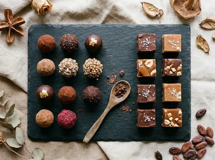 Handmade chocolate truffles and fudge on a slate board